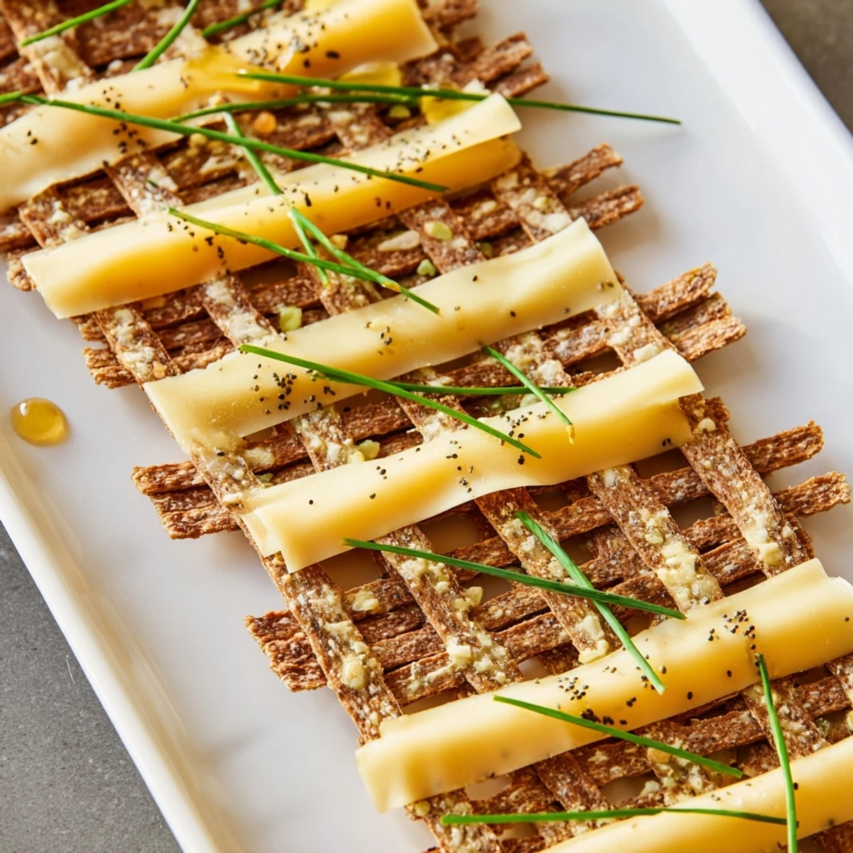 Elegant Garden Gate Lattice appetizer: a beautiful cheese and cracker lattice garnished perfectly.