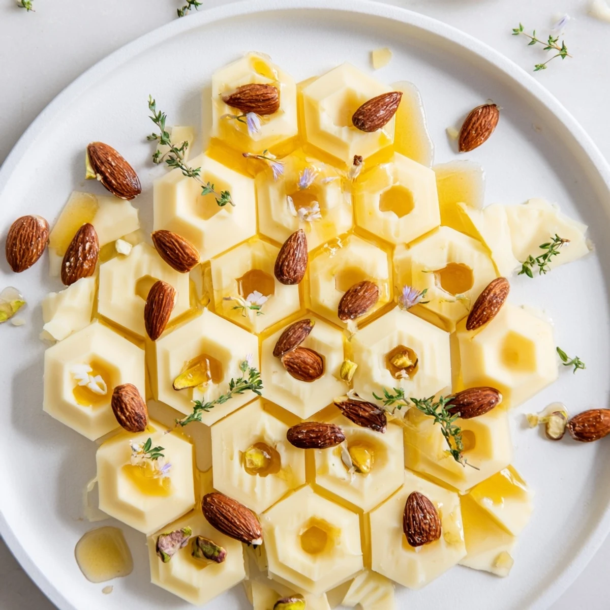 Honeycomb Hexagon Maze cheese platter, arranged with creamy cheeses, nuts, and golden honey drizzle.