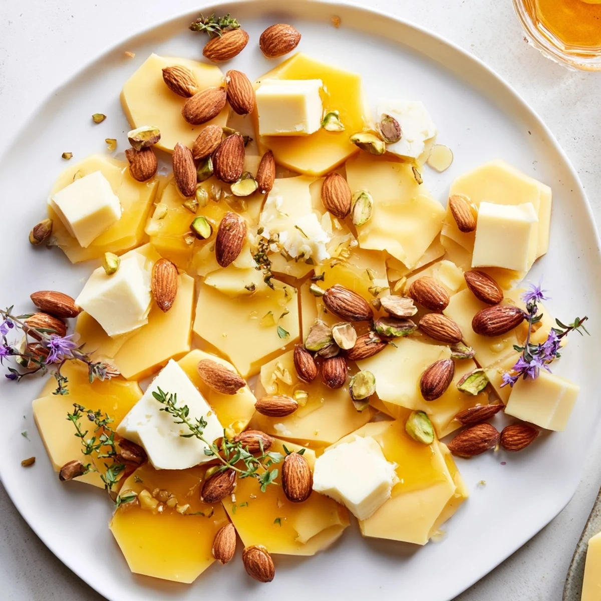 A visually appealing Honeycomb Hexagon Maze appetizer featuring a geometric cheese and nut presentation.