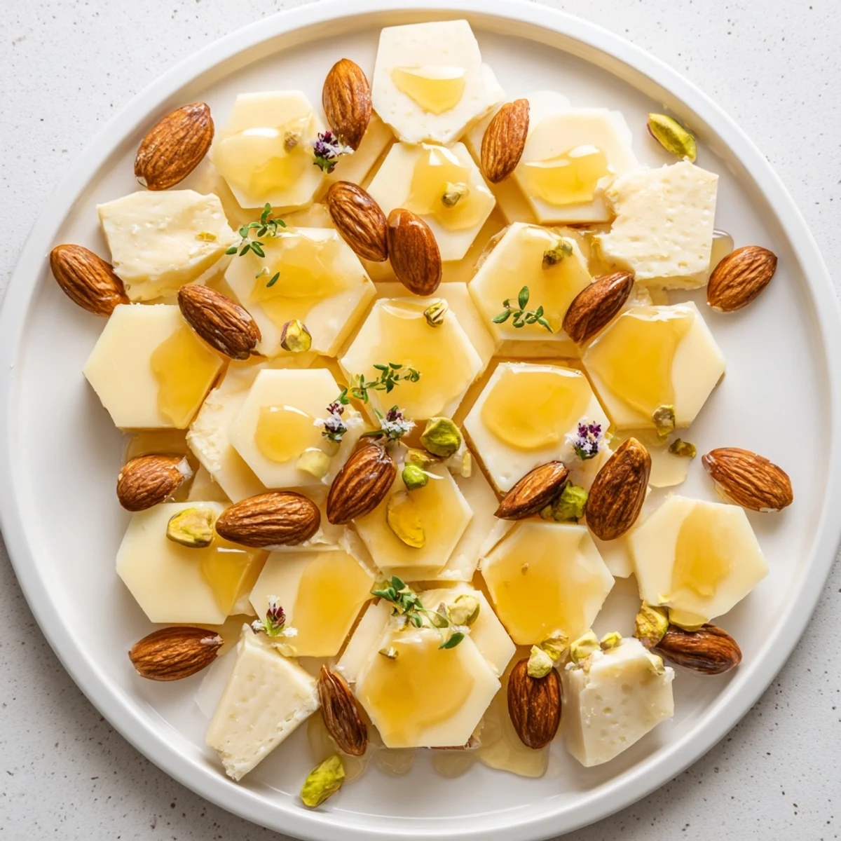 Elegant Honeycomb Hexagon Maze made with cheese, nuts, and a sweet honey drizzle, perfect for sharing.