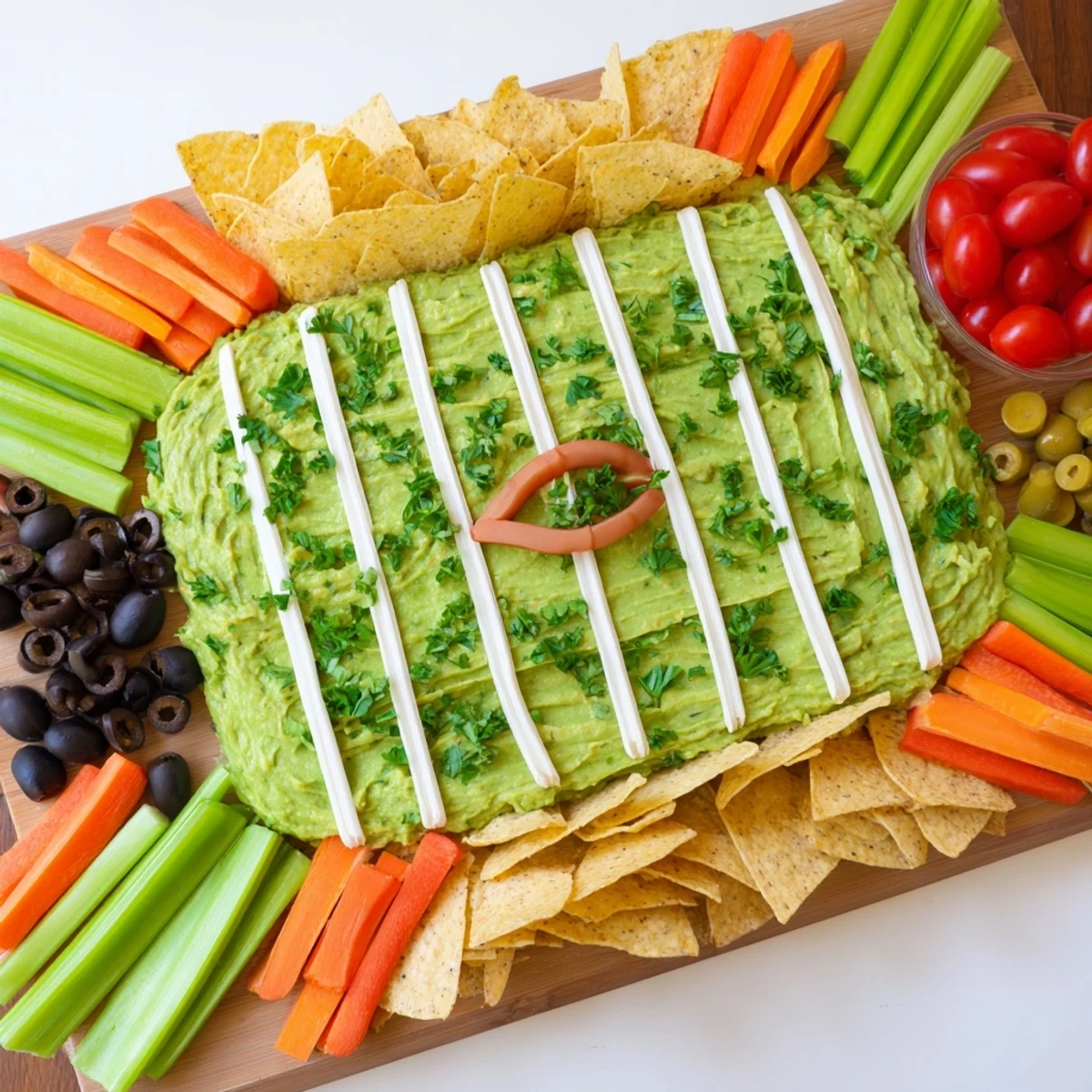Game Day Football Field Snack Board with vibrant dips, cheese "yard lines," and colorful snacks.
