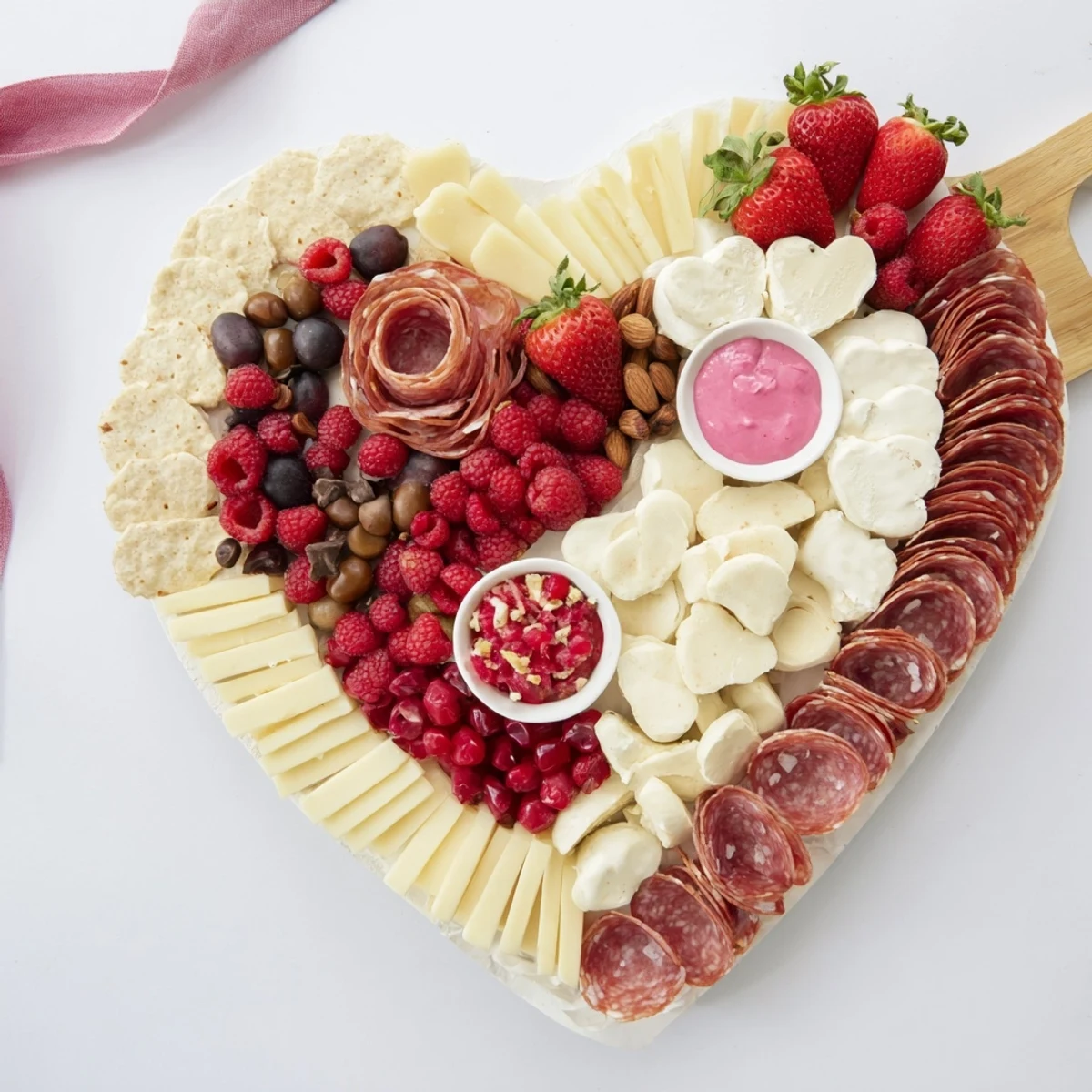 Delectable The Heart of Romance Board: a romantic spread with strawberries, goat cheese, and heart-shaped crackers.