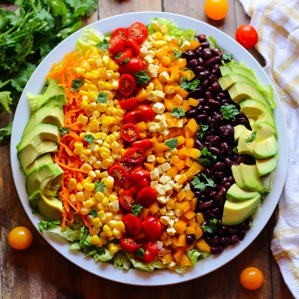 Southwest Sunset Palette salad features vibrant layers of yellow peppers and spicy red cheese alongside black beans.
