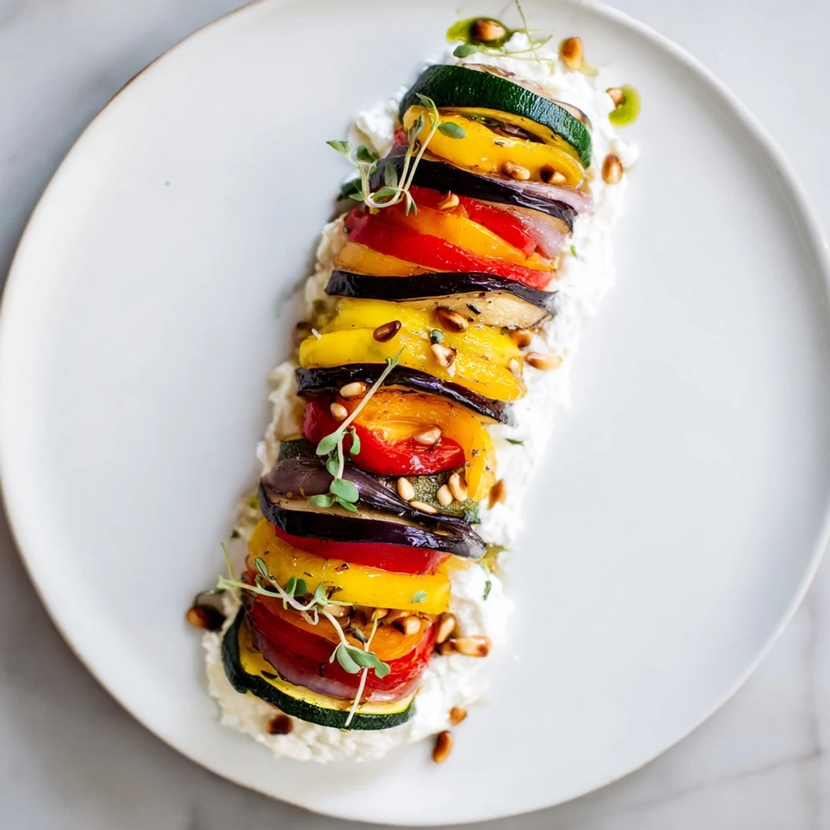 Vibrant The Snail Shell Spiral appetizer features roasted colorful vegetables artfully arranged in a swirl, ready to serve.