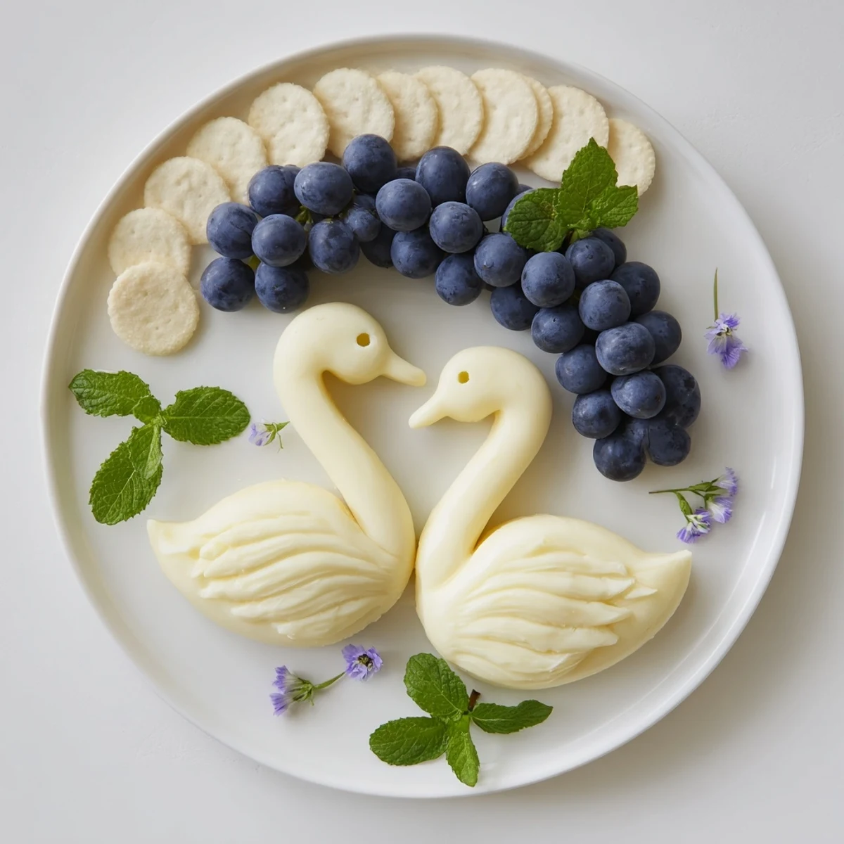 Elegant Swan Lake Board with cheese swans and vibrant blue grapes for an appetizer.