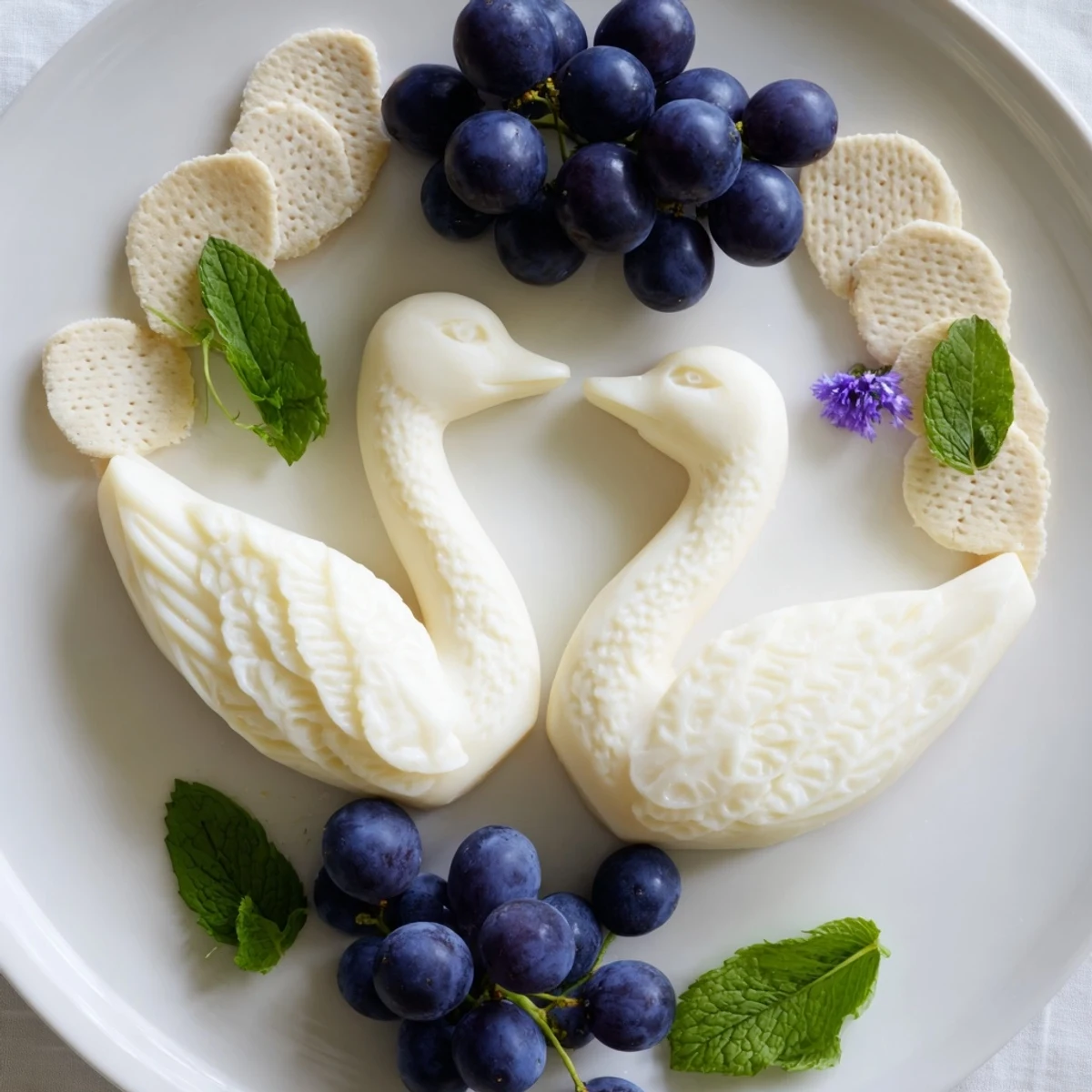A beautiful Elegant Swan Lake Board, showcasing cheese swans floating in a sea of grapes and crackers.