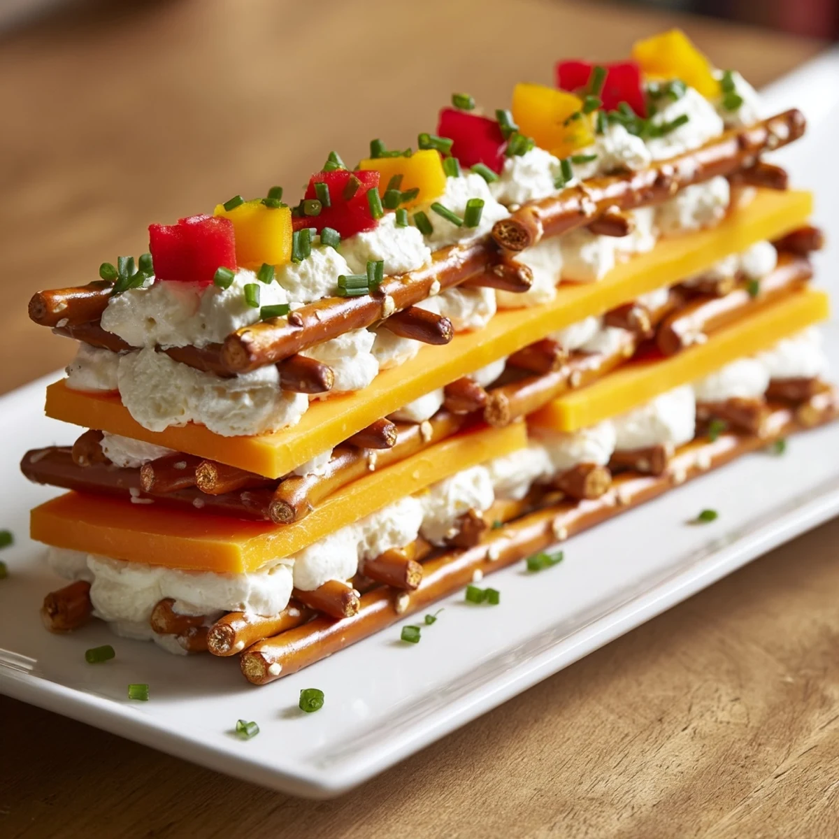 Creative American appetizer: a visually stunning rustic log cabin made from pretzels and cheese.