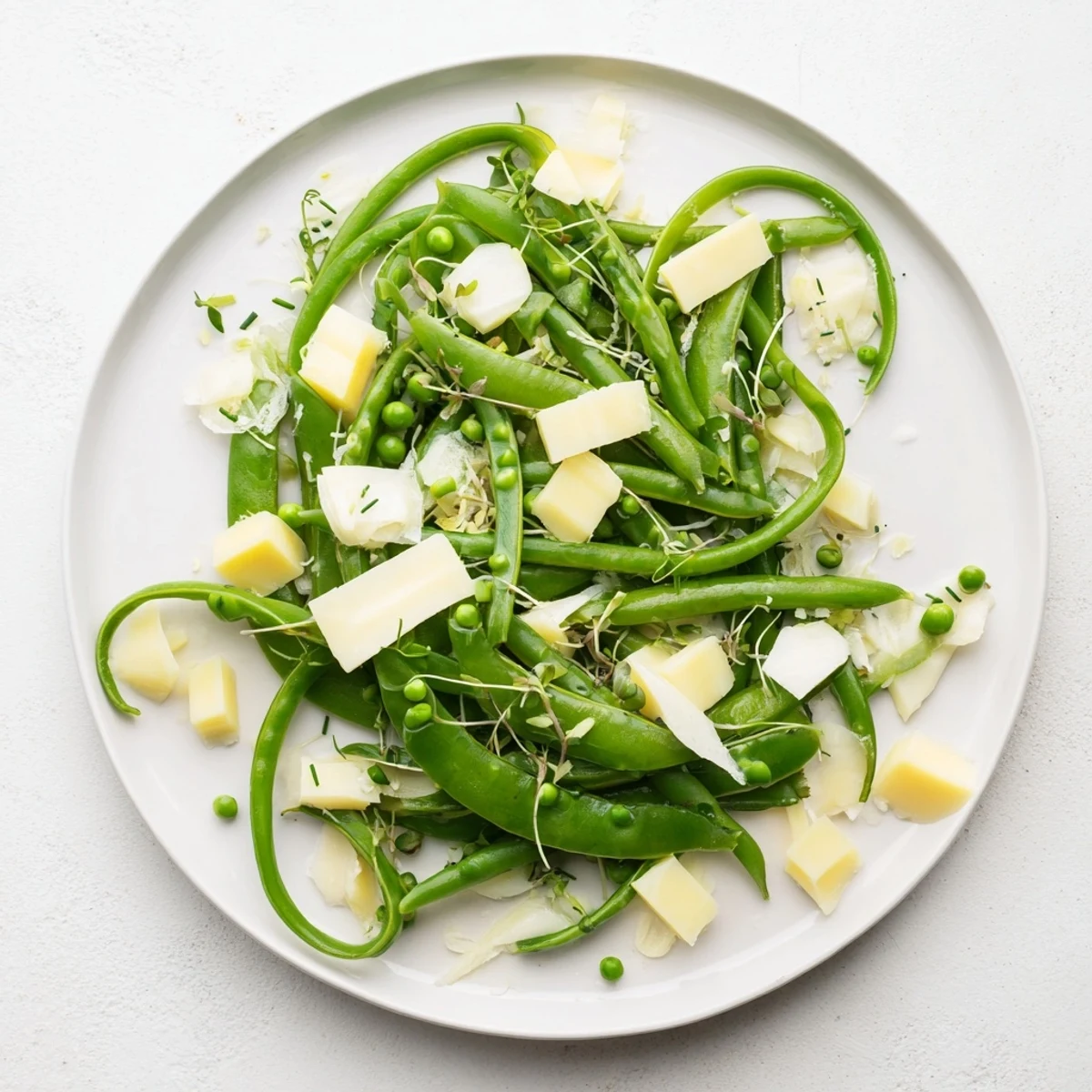 A beautiful English Ivy salad; green beans and snap peas entwined with sharp white cheddar.