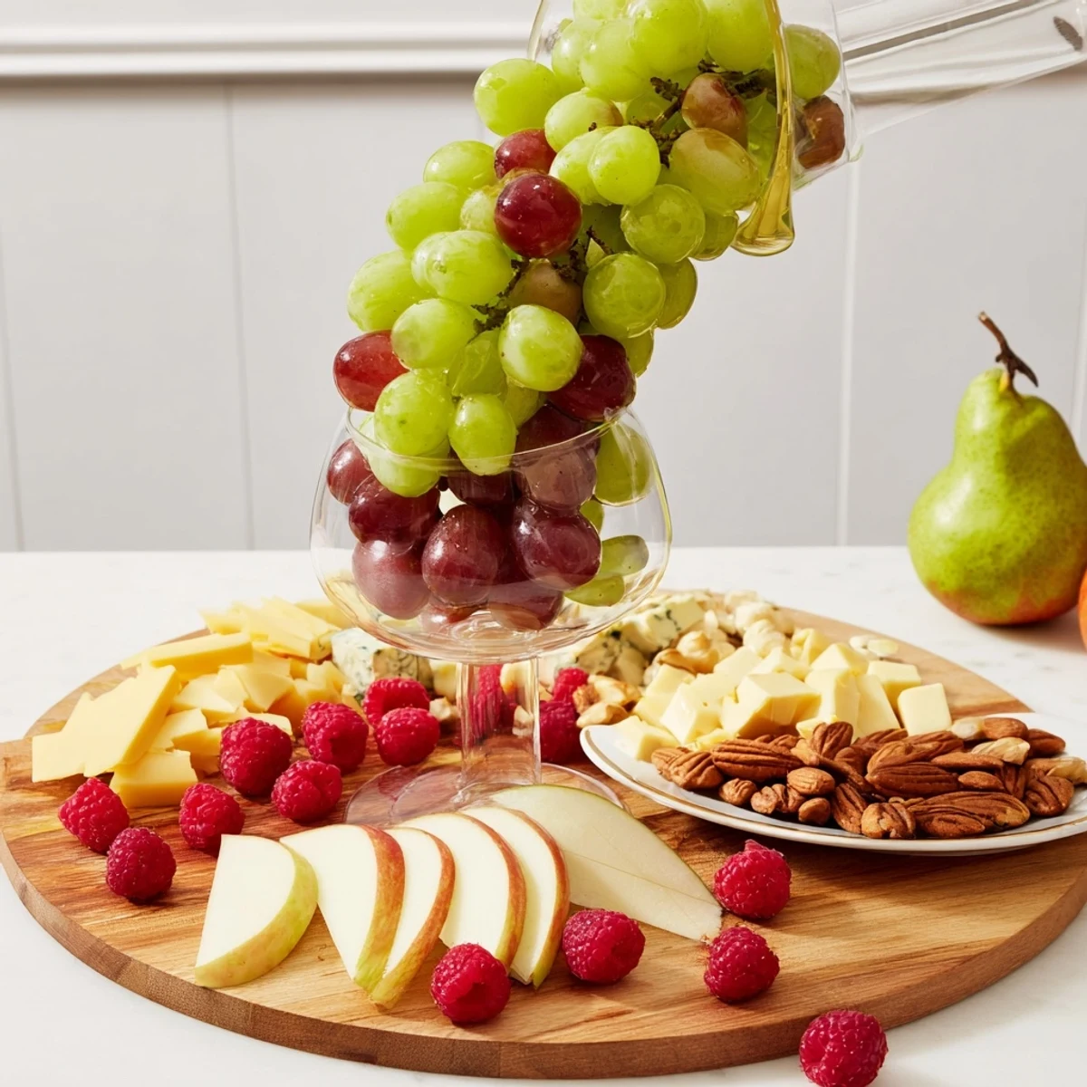 Champagne Waterfall Board overflowing with red grapes, cheese, and crackers, perfect for a party.
