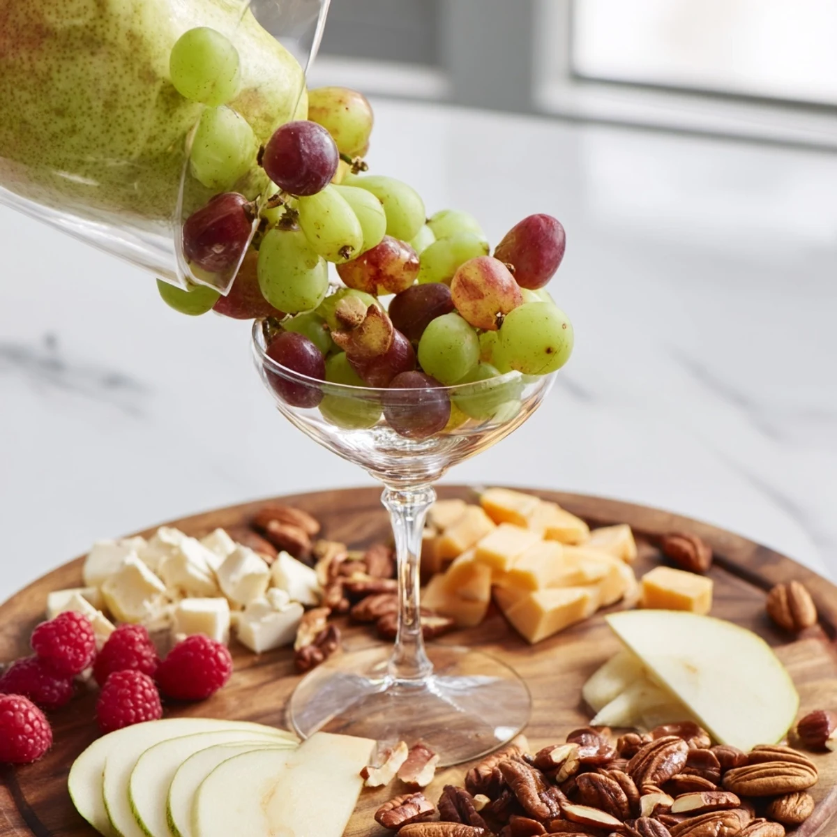 This vibrant Champagne Waterfall Board presents a delightful spread of savory cheeses and fresh fruit.