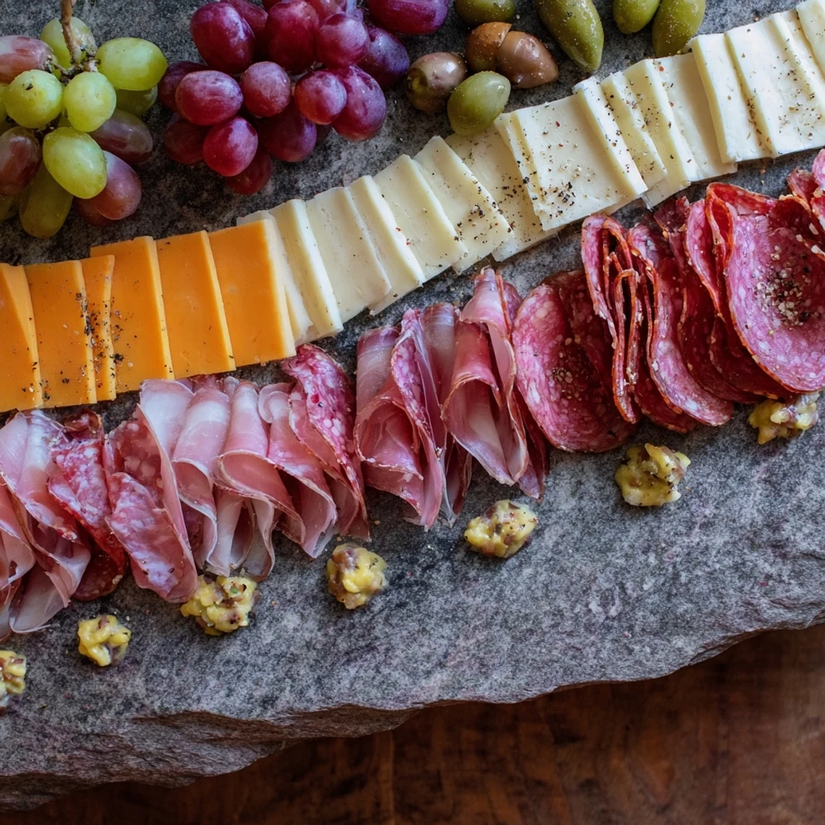 The Industrial Slate appetizer, showcasing lines of meats, cheeses, grapes, and olives ready to enjoy.