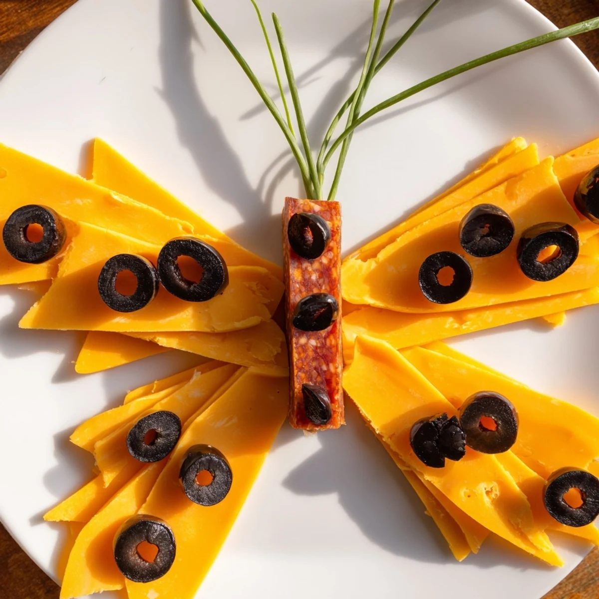 Vibrant cheddar wings and salami body make this fun Butterfly Migration appetizer platter.