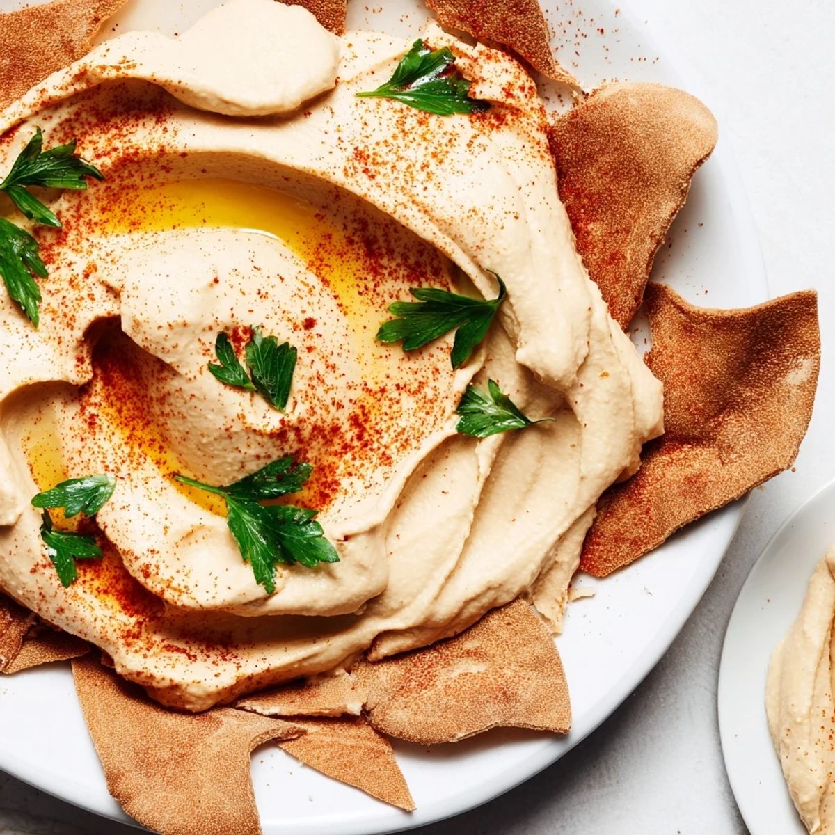 Creamy hummus shaped like dunes with crisp pita chips: a Sahara Dune appetizer.