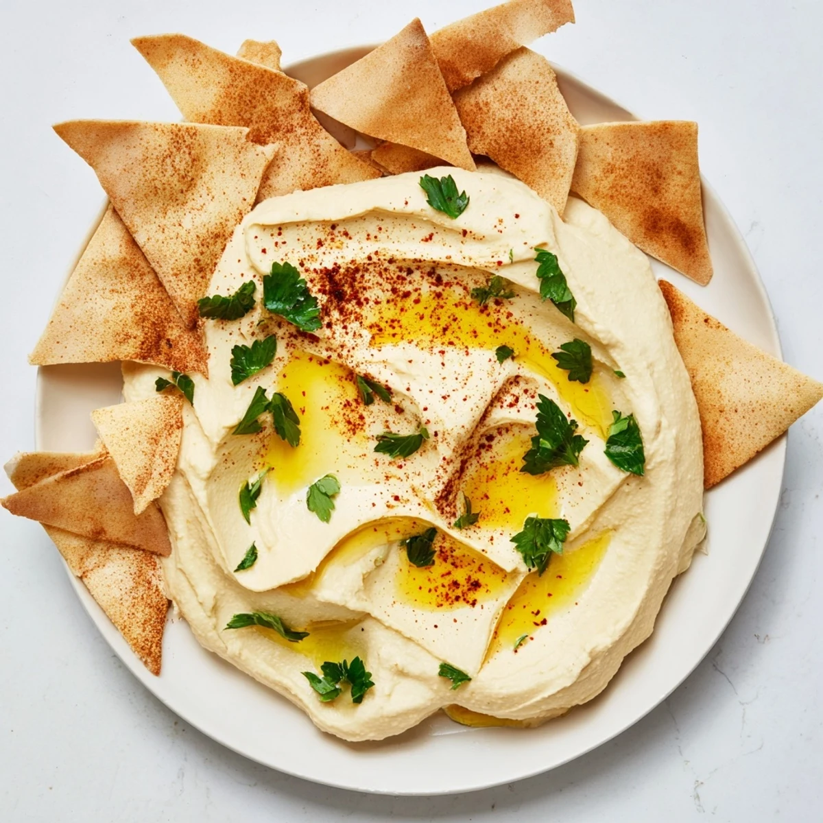 Appetizing photo of The Sahara Dune: creamy, textured hummus with toasted, flavorful pita.