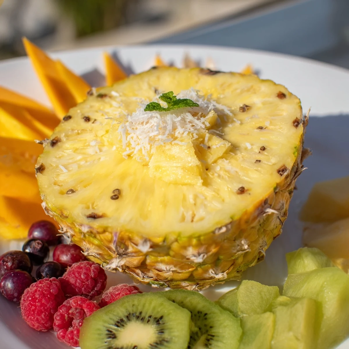 Vibrant Tropical Pineapple Paradise fruit platter: a refreshing array of sliced, colorful tropical fruits.