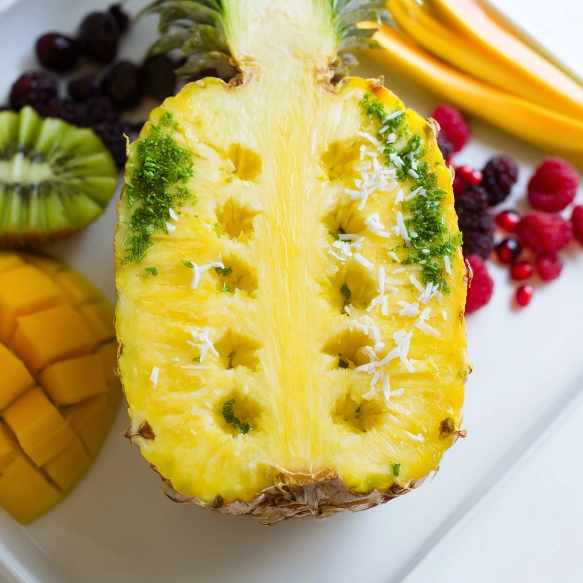 Freshly arranged Tropical Pineapple Paradise: a taste of the tropics served on a beautiful platter ready to enjoy.