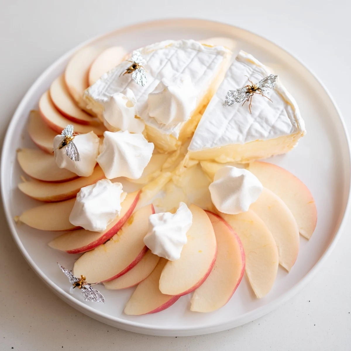 Elegant The Pearly Gates cheese board features creamy brie, ripe peaches, and crisp meringue; all white.
