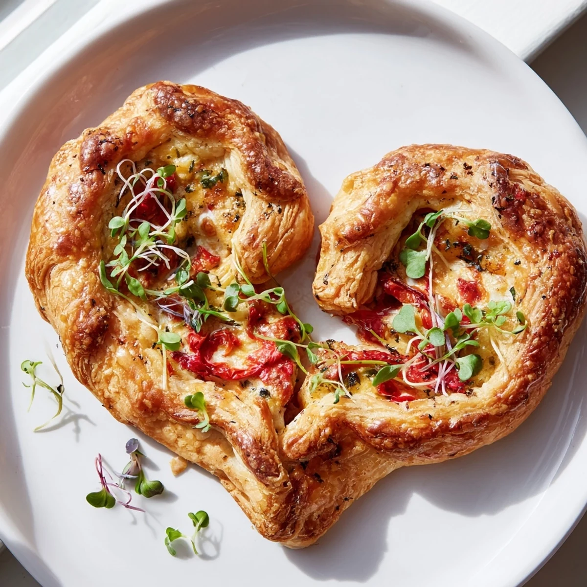 Golden-brown Cœurs Entrelacés, a Valentine's Day appetizer, showcasing flaky pastry and creamy cheese.