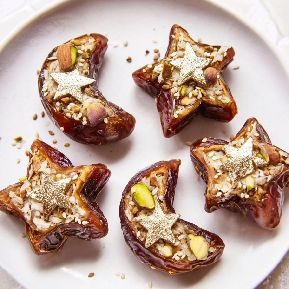 Lunar and Star Date Platter, arranged with star and moon-shaped dates, filled with nuts, and ready to serve.