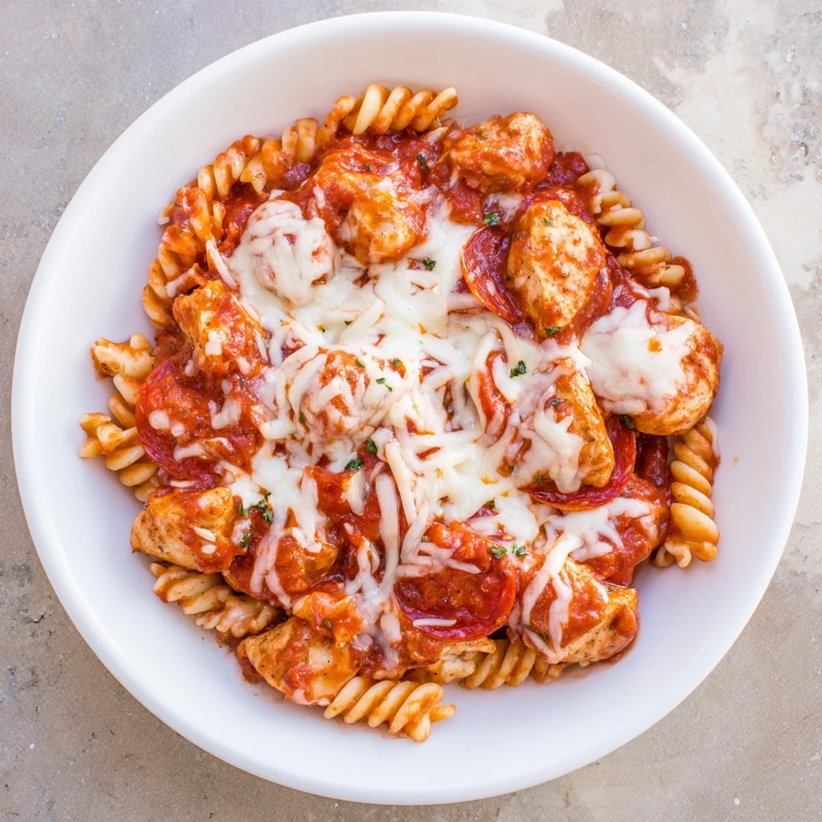 One-Pan Pizza Pasta bubbling with melted mozzarella and pepperoni, a family-friendly and easy dinner.