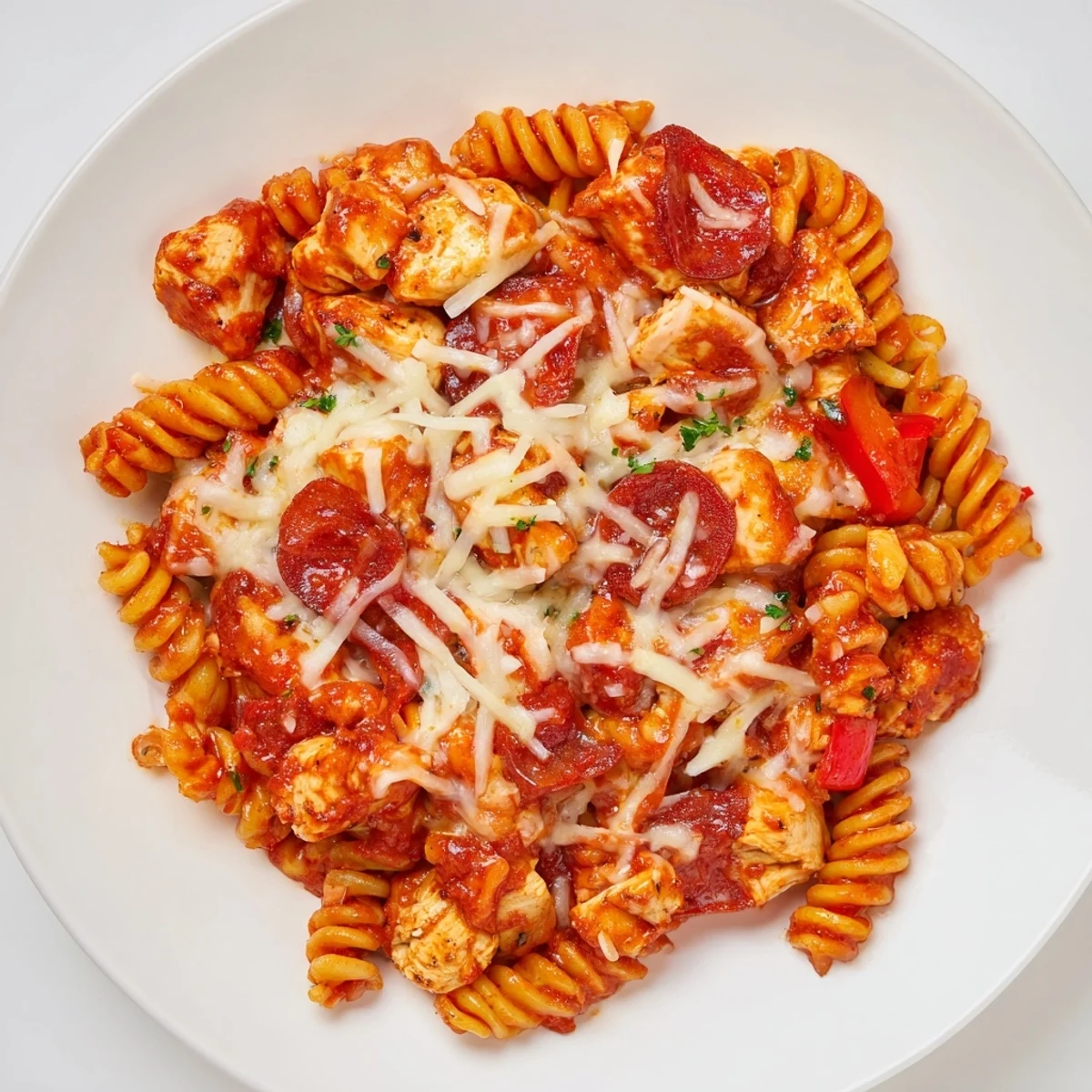Golden brown, bubbly cheese tops this tempting One-Pan Pizza Pasta, ready to warm your plate.