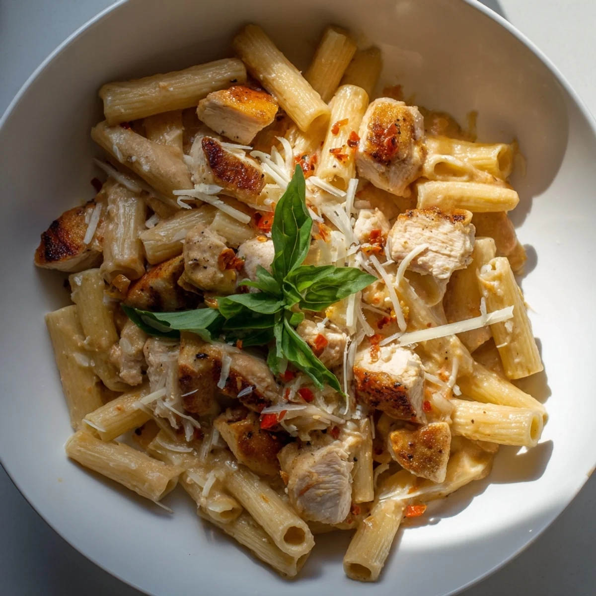Creamy Spicy Vodka Chicken Pasta, topped with fresh basil, ready to serve and enjoy.