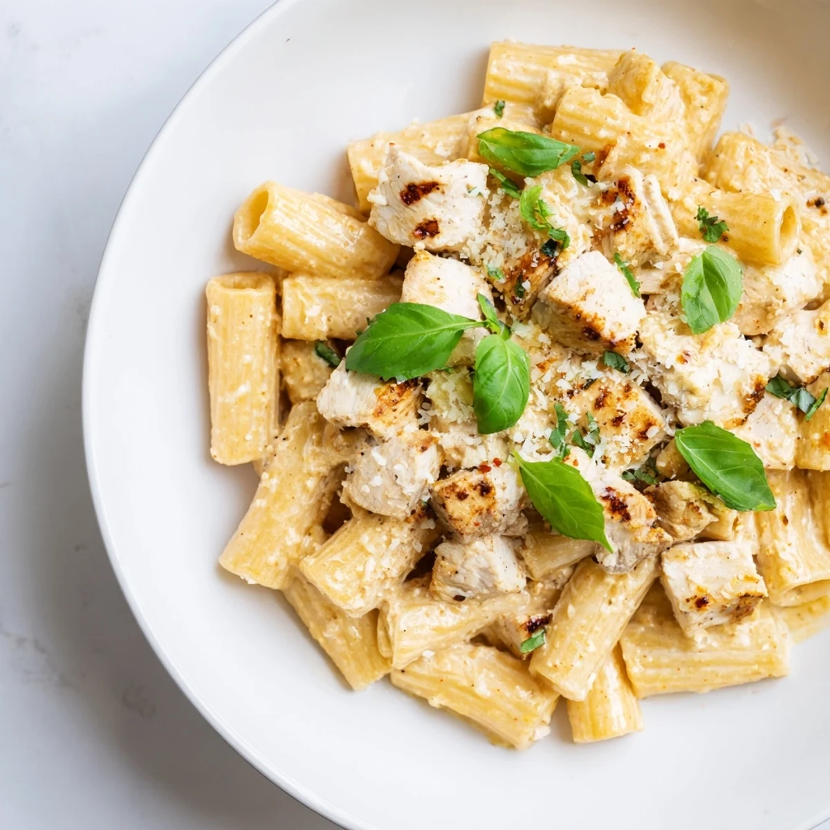 Golden rigatoni coated in Spicy Vodka Chicken Pasta sauce, garnished with Parmesan and chili crisp.