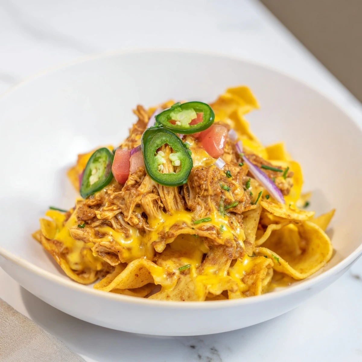 Golden Pasta Chip Nachos, piled high with melted cheddar, taco chicken, and spicy jalapeños.