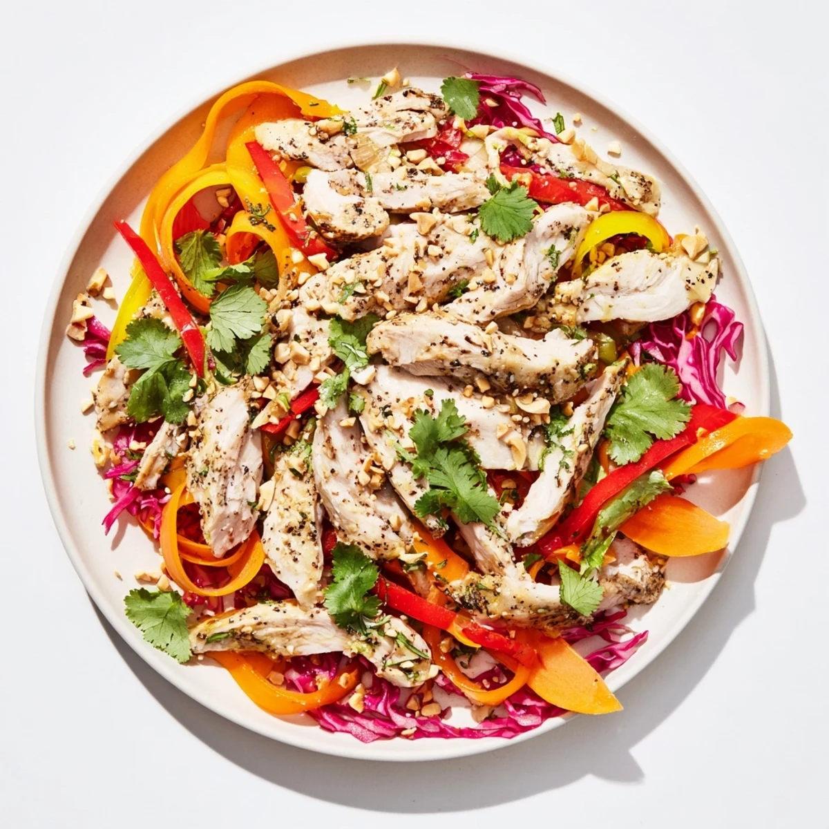 A refreshing bowl of vibrant Carrot Ribbon and Chicken Slaw bursting with savory and crunchy textures.