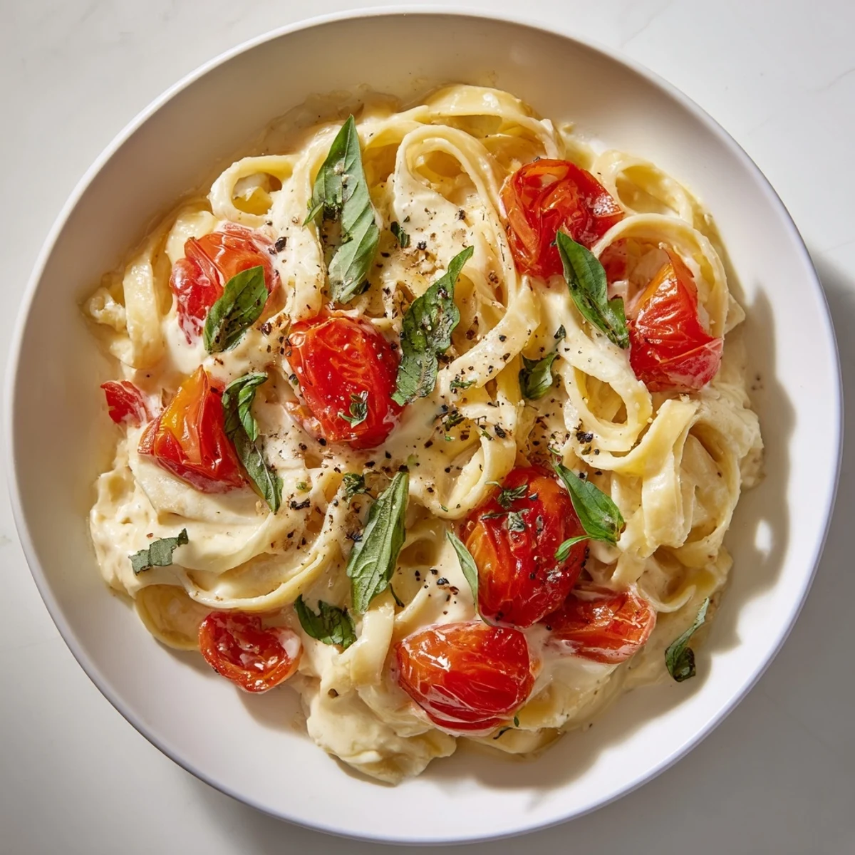 Baked Brie Pasta Sauce: creamy, melted brie coats fettuccine with roasted cherry tomatoes and fresh basil.