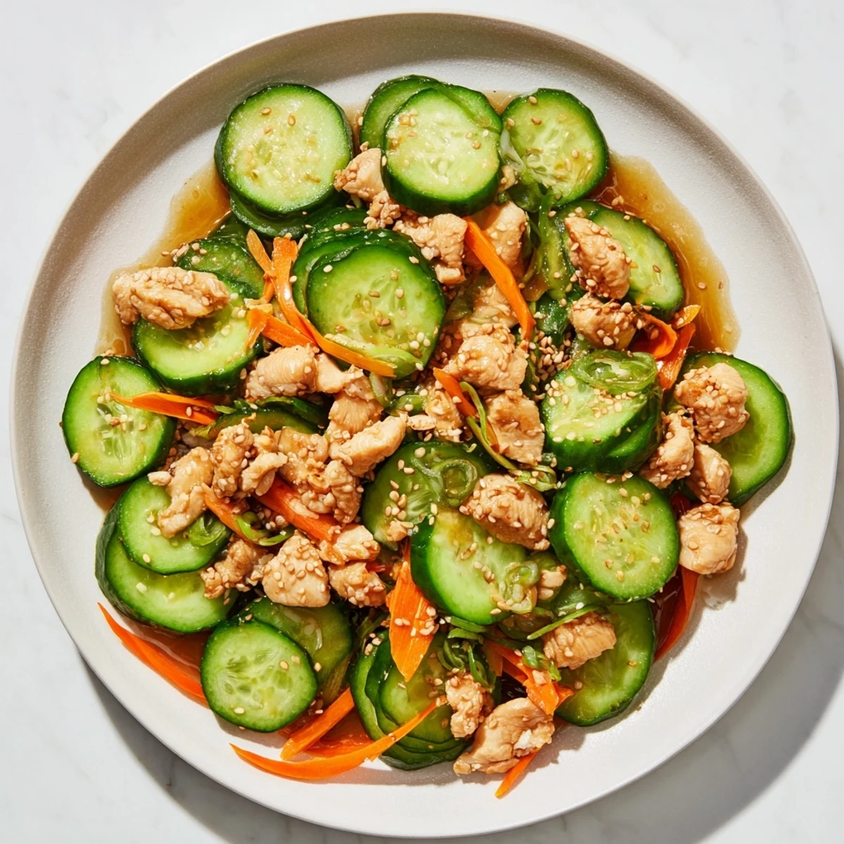 Golden-brown deli container shaker chicken salad with vibrant cucumber slices and a tangy soy dressing.