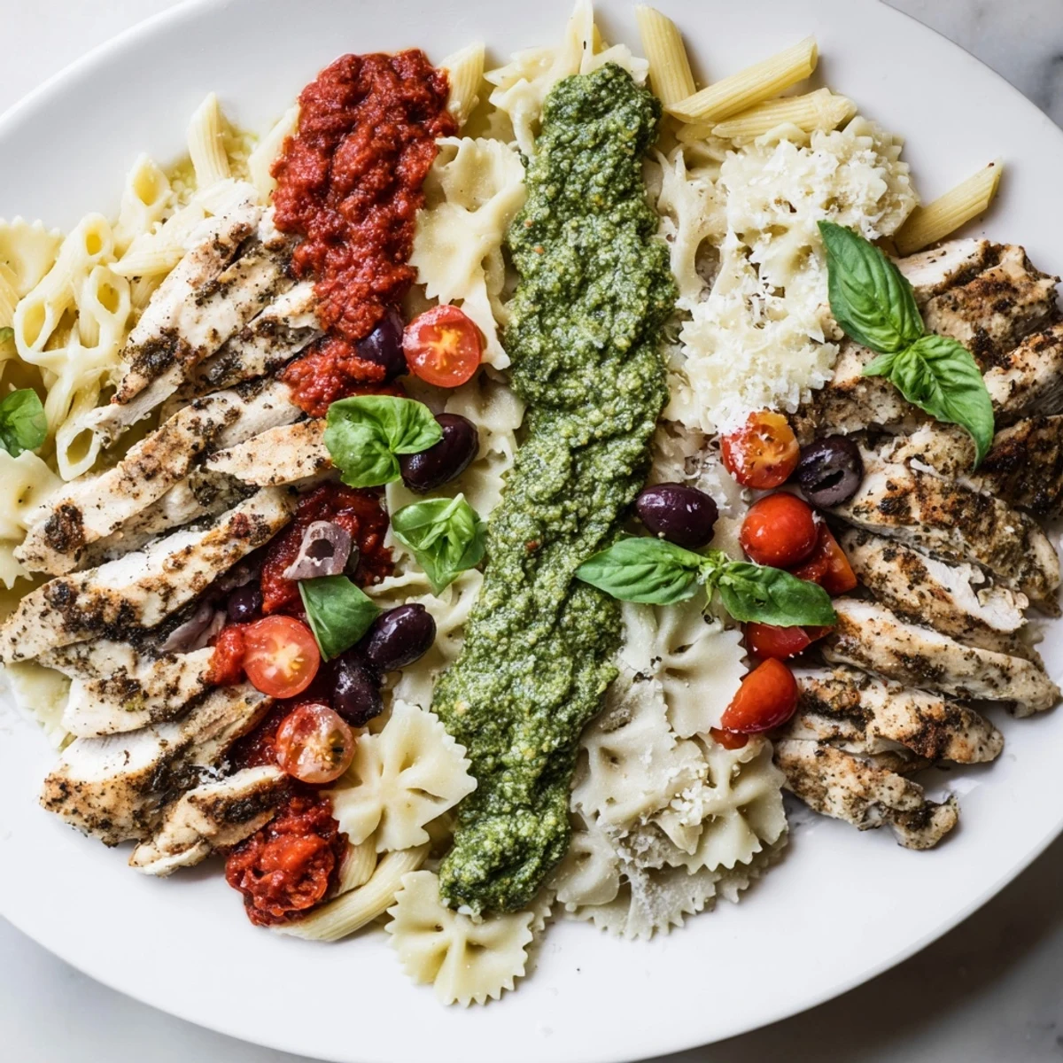 Girl Dinner Pasta Board with tender grilled chicken, three pasta shapes, and vibrant sauces.