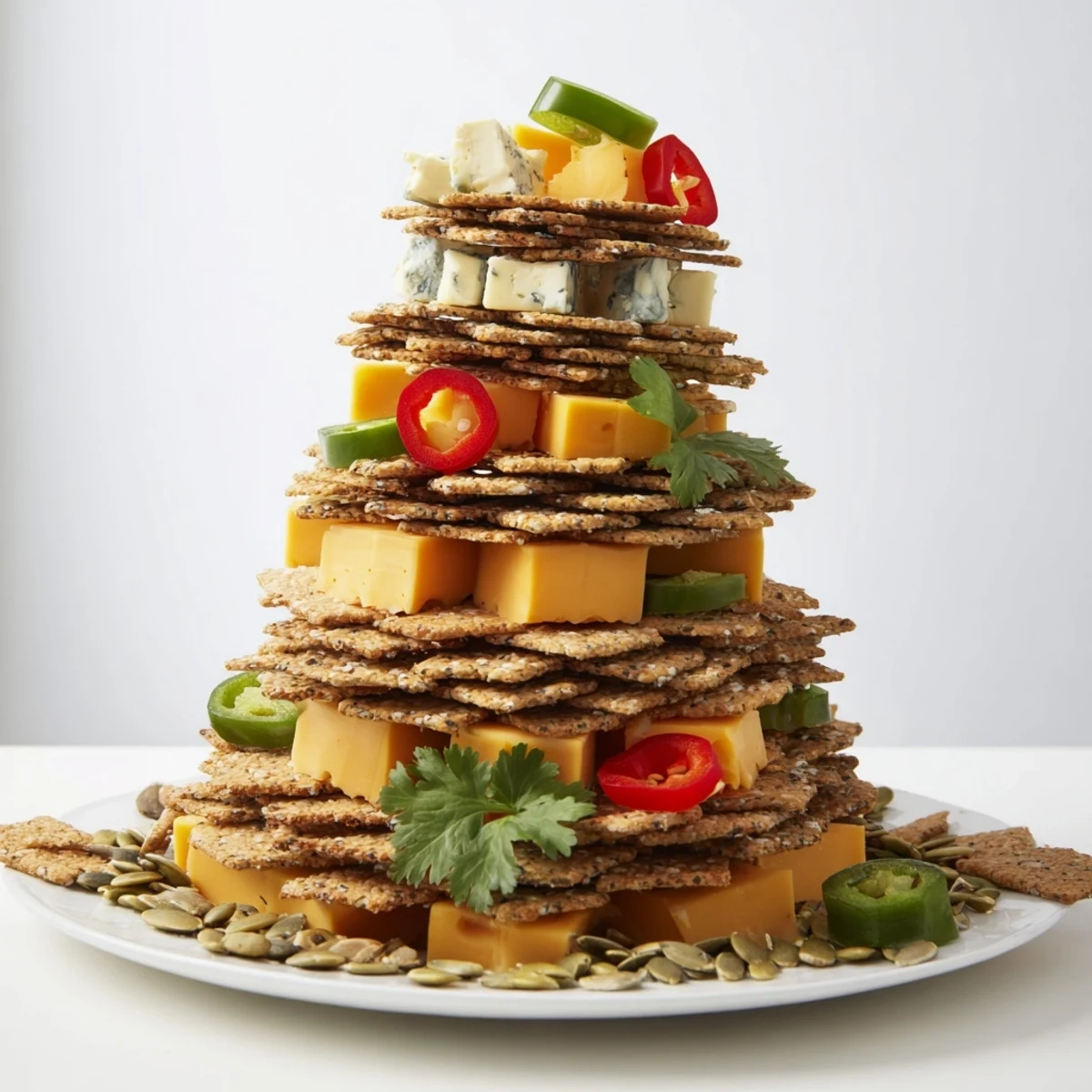 A visually stunning Southwest Mesa appetizer, with cheese and cracker mesa towers topped with cilantro.