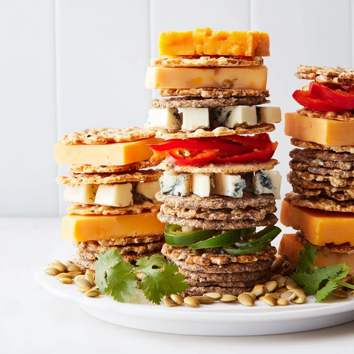 Stacked cheese and cracker Southwest Mesa appetizer, showcasing colorful pepper slices with mountain-like formations.