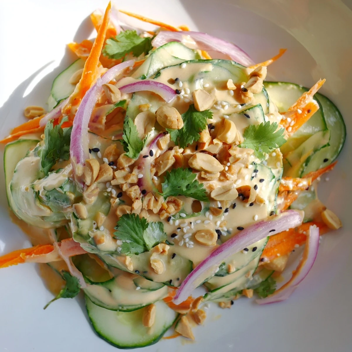 This Thai-Style Peanut Cucumber Salad features crisp cucumber ribbons coated in a creamy peanut dressing.