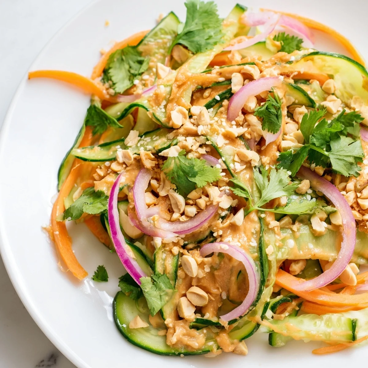 Fresh and vibrant: a close-up of Thai-Style Peanut Cucumber Salad with visible peanuts.