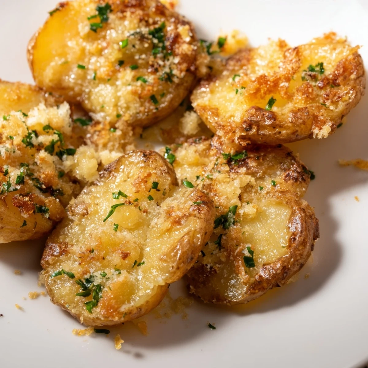 Golden, crispy Parmesan smashed potatoes, a flavorful side dish with fresh herbs atop.