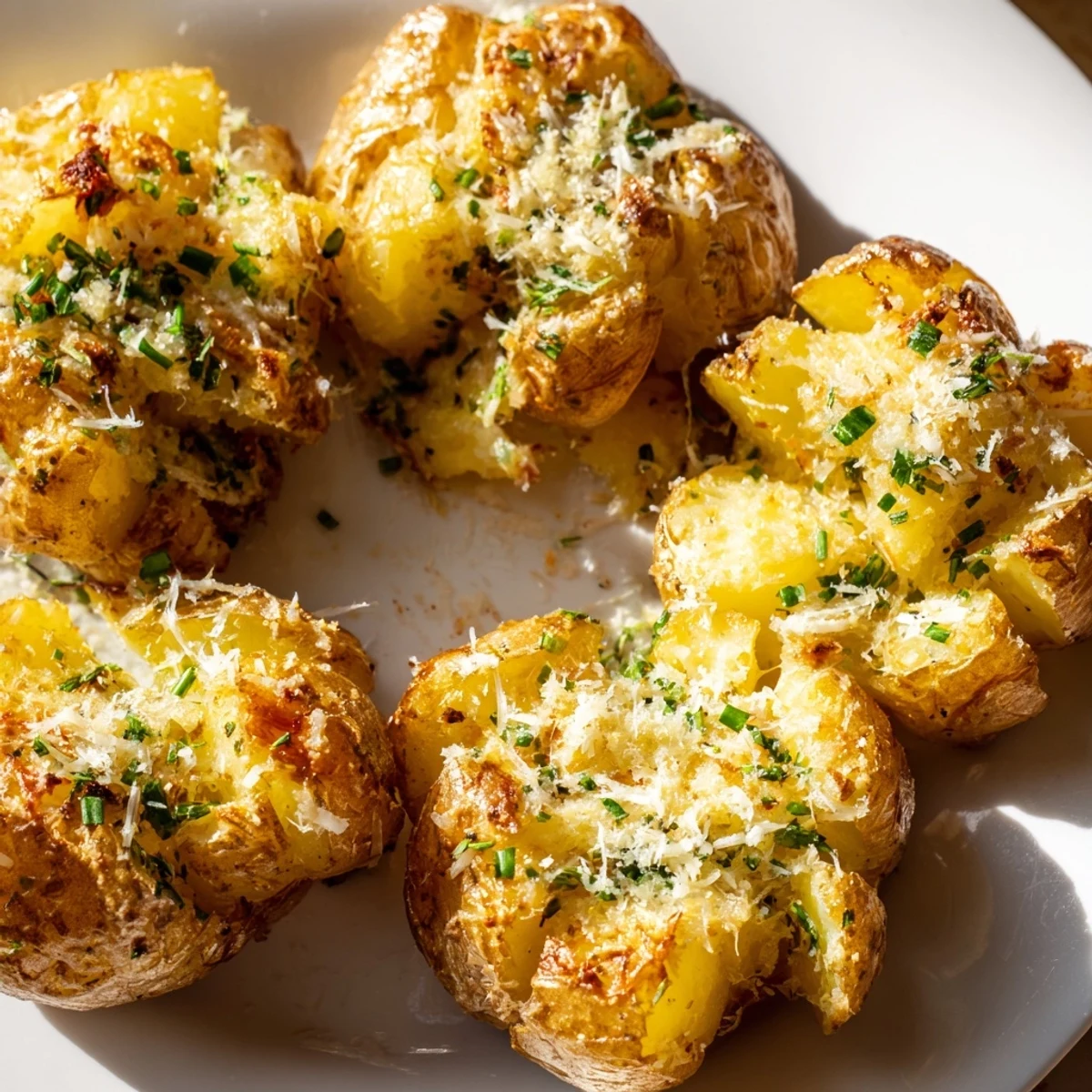 Tender Yukon Gold Parmesan smashed potatoes, ready to serve, sprinkled with parsley and extra Parmesan.
