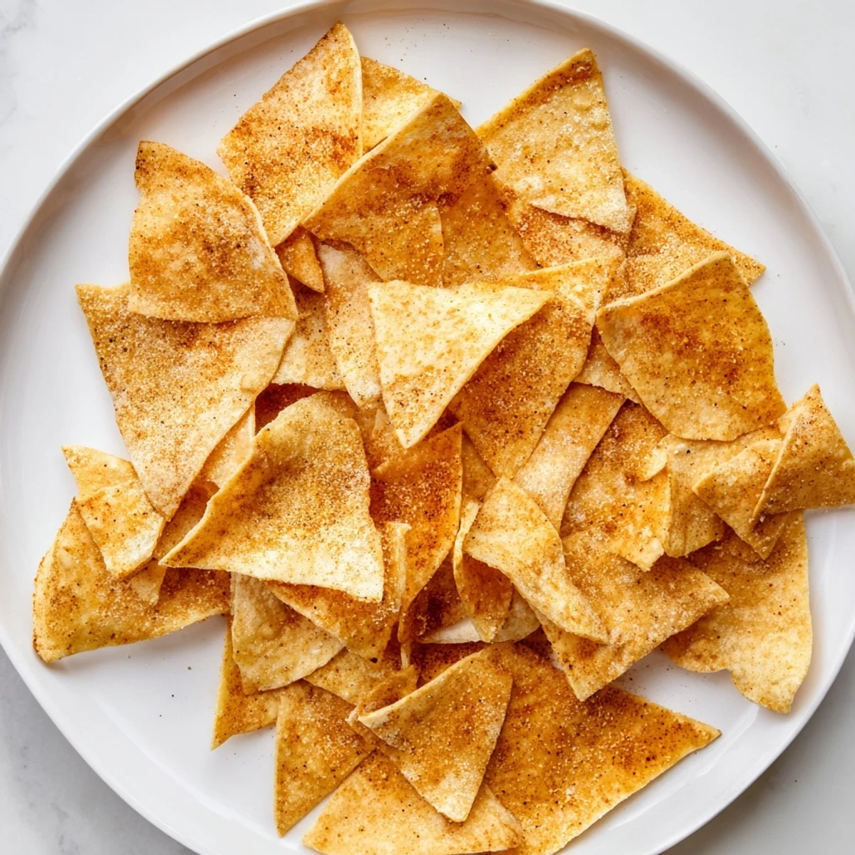 Golden, crispy homemade Air-Fryer Tortilla Chips, seasoned and ready for dipping, a perfect snack.