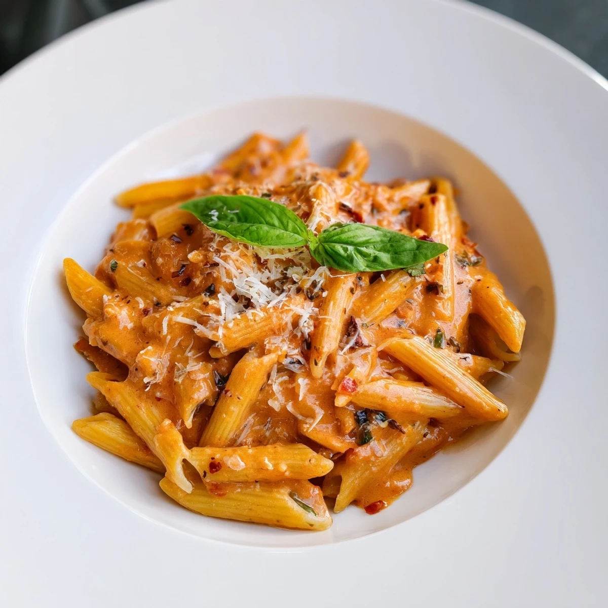 Steaming bowl of Basil Garlic One-Pot Creamy Tomato Pasta, bubbling with rich sauce and herbs.