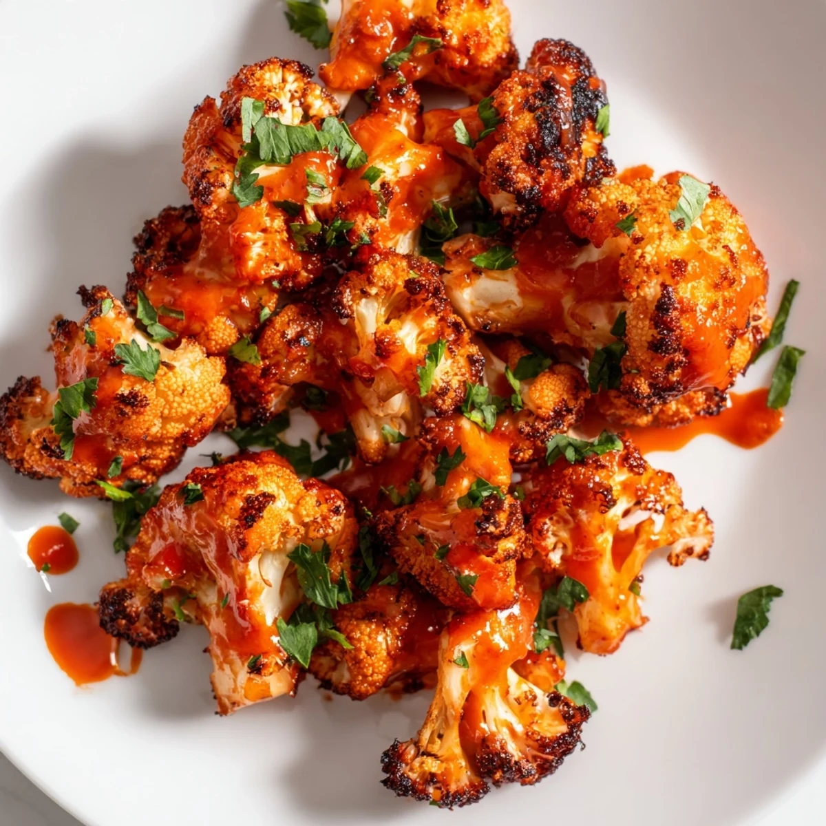 Golden-brown Sriracha-Buffalo Cauliflower Bites, crispy and spicy, ready to serve with ranch dip.