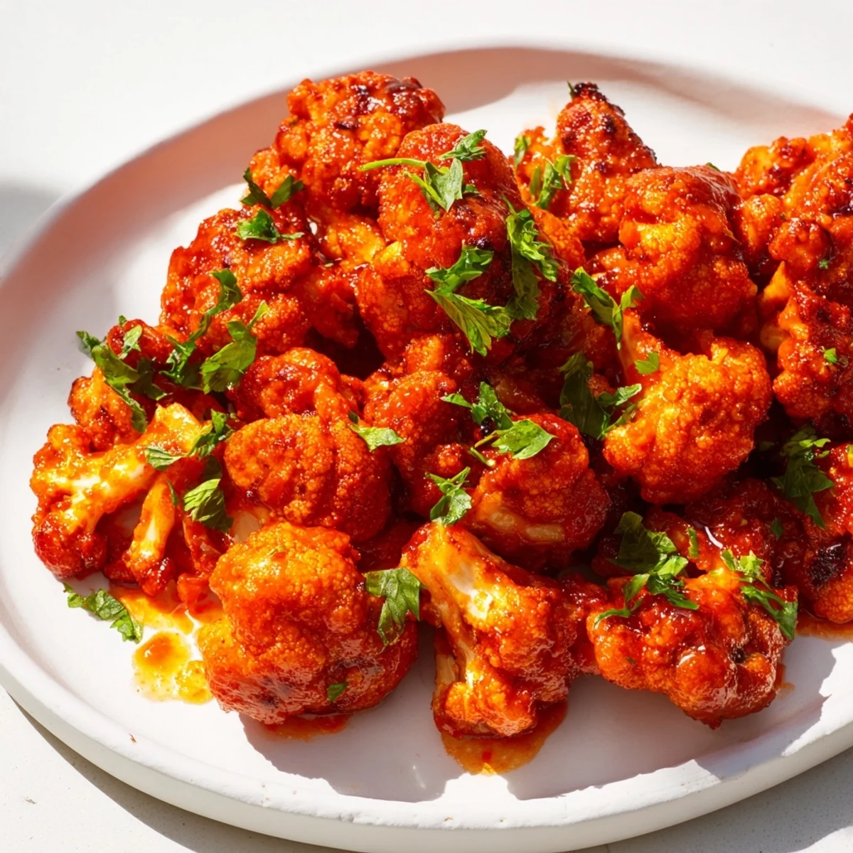 Close-up of baked Sriracha-Buffalo Cauliflower Bites, glistening with sauce, perfect party appetizers.
