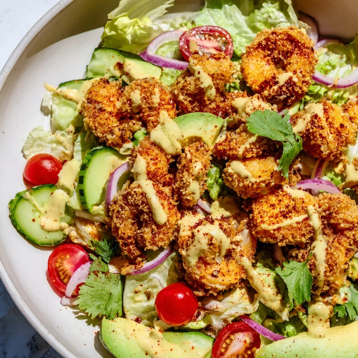 Golden crispy Spicy Crispy Shrimp Salad with vibrant colors, drizzled with zesty dressing.