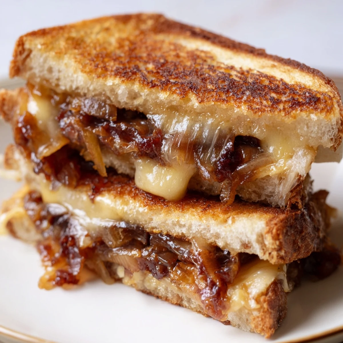 Melted cheddar and Gruyère overflowing a toasted bacon jam grilled cheese sandwich.