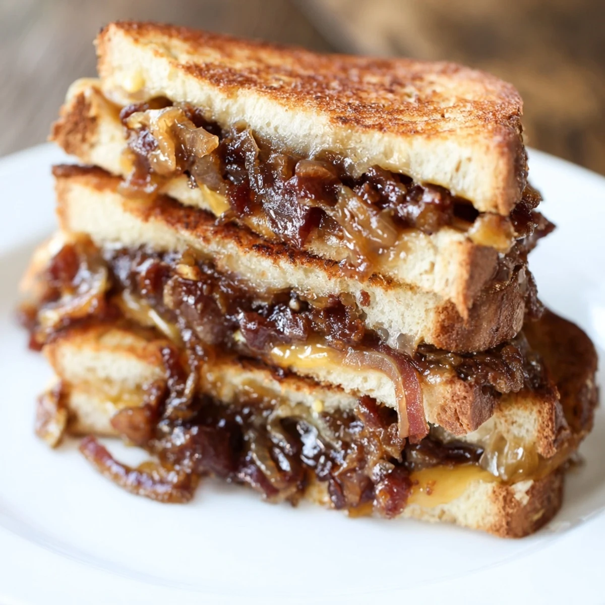 Close-up of a golden bacon jam grilled cheese, delicious comfort food delight.