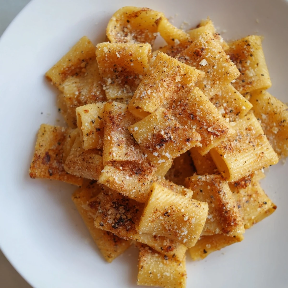Crispy golden Pasta Chips, air-fried to a perfect crunch, sprinkled with Parmesan and seasonings.