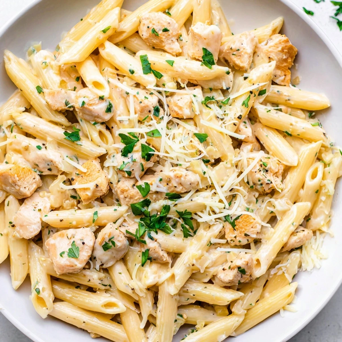 Creamy Quick Garlic Parmesan Chicken Pasta featuring golden chicken and perfectly cooked pasta in a one-pan meal.