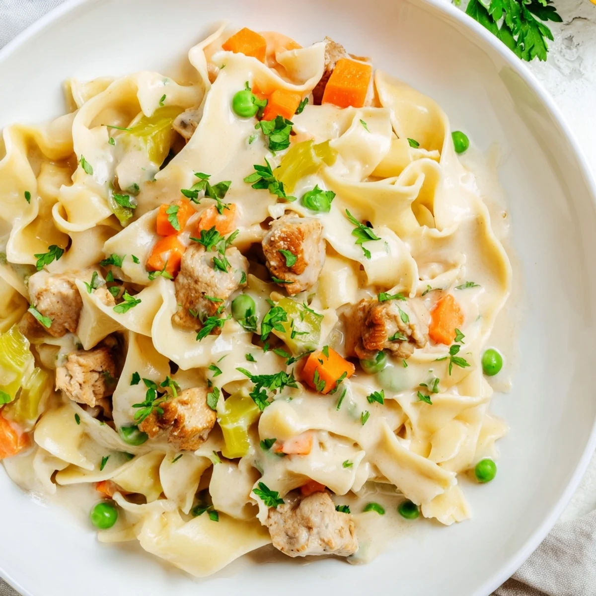 A steaming bowl of Creamy Chicken and Egg Noodles, with colorful veggies and savory aromas.