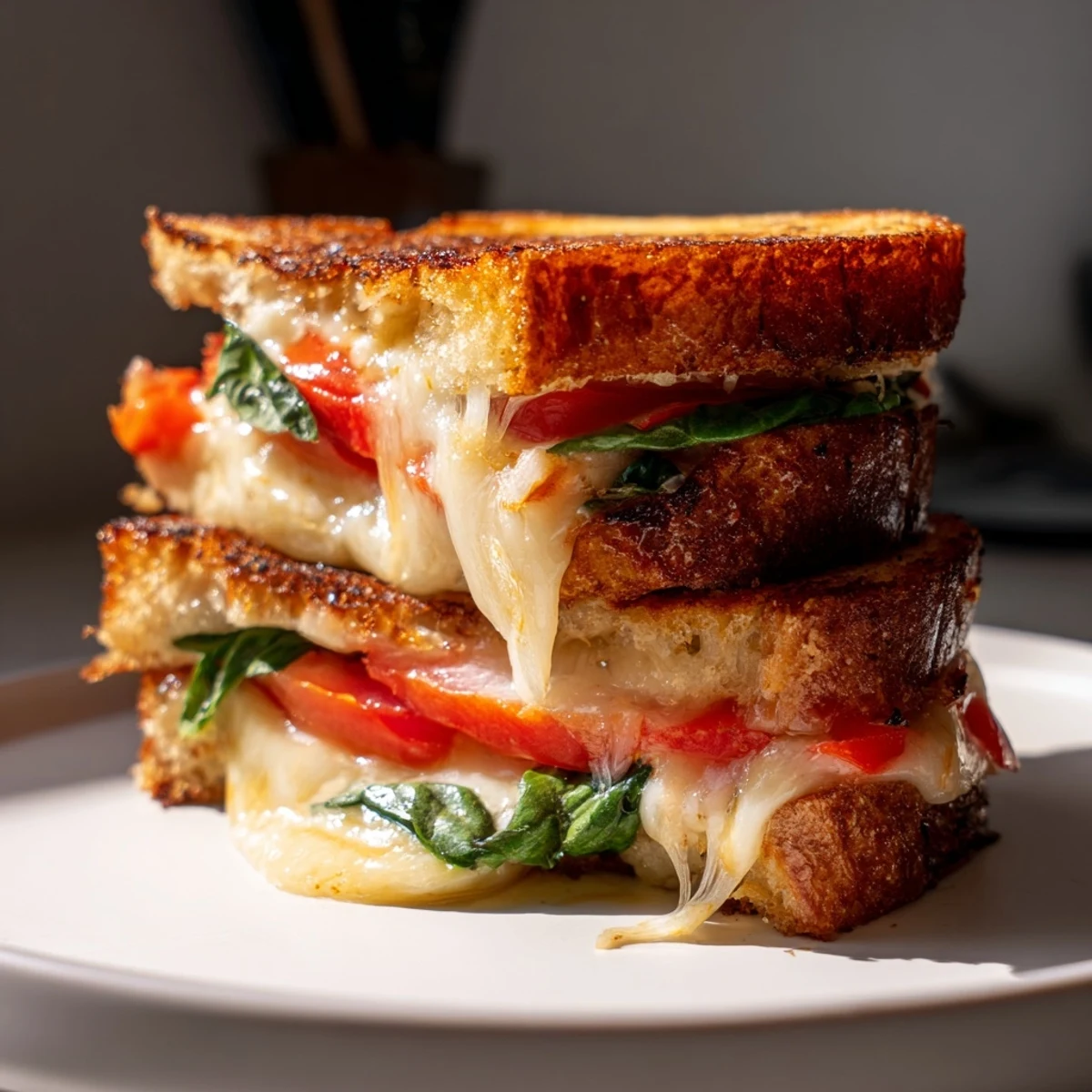 Golden-brown Tomato Basil Grilled Cheese, oozing melted cheese, ready to enjoy warm with a friend.