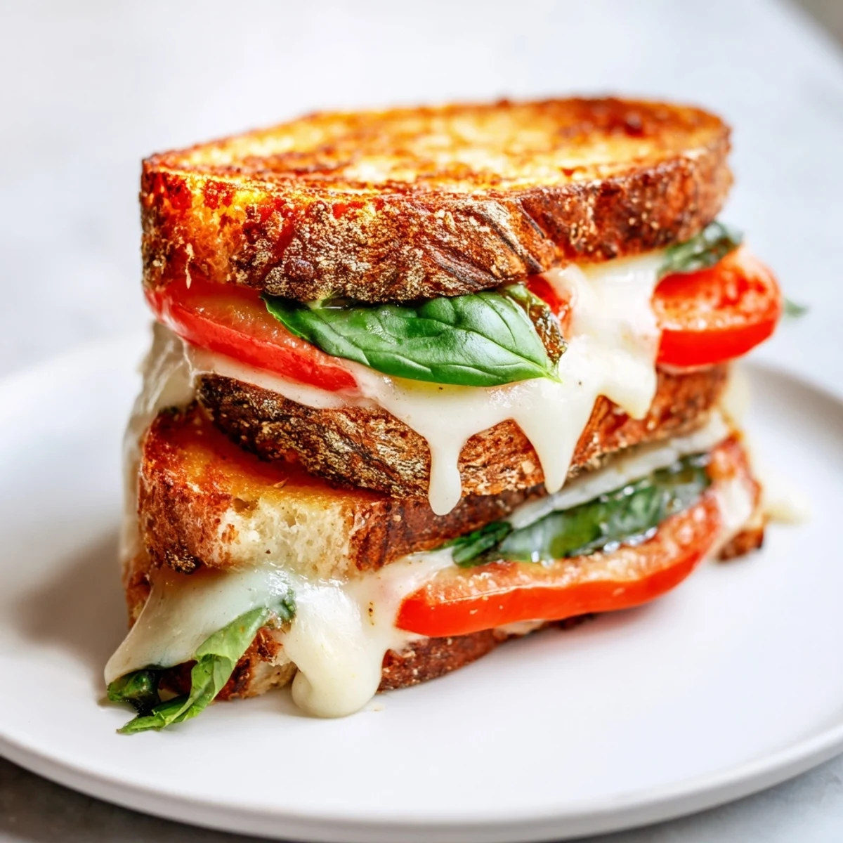 Crispy sourdough encases a gooey Tomato Basil Grilled Cheese, an American comfort food classic in the making.